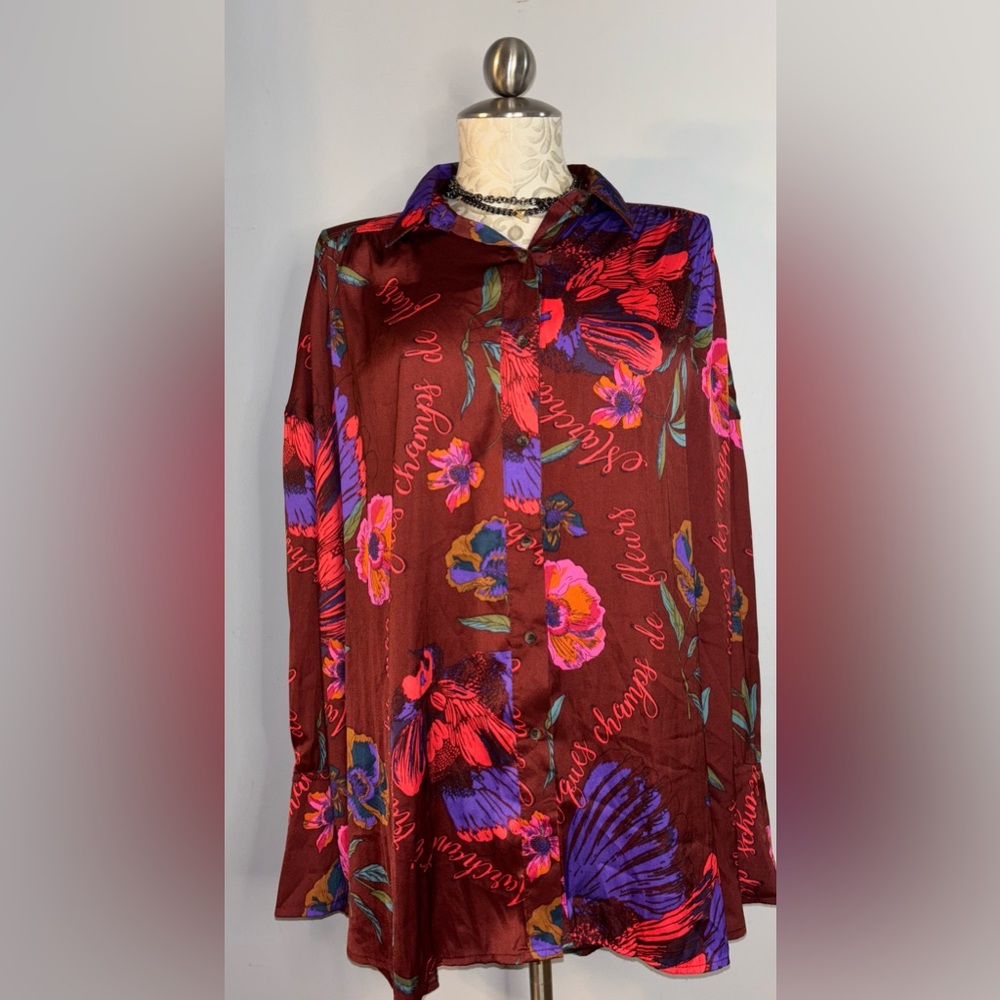 Free People Floral Silky Nights Blouse Red Purple Flower Burgundy Sz Medium. #45